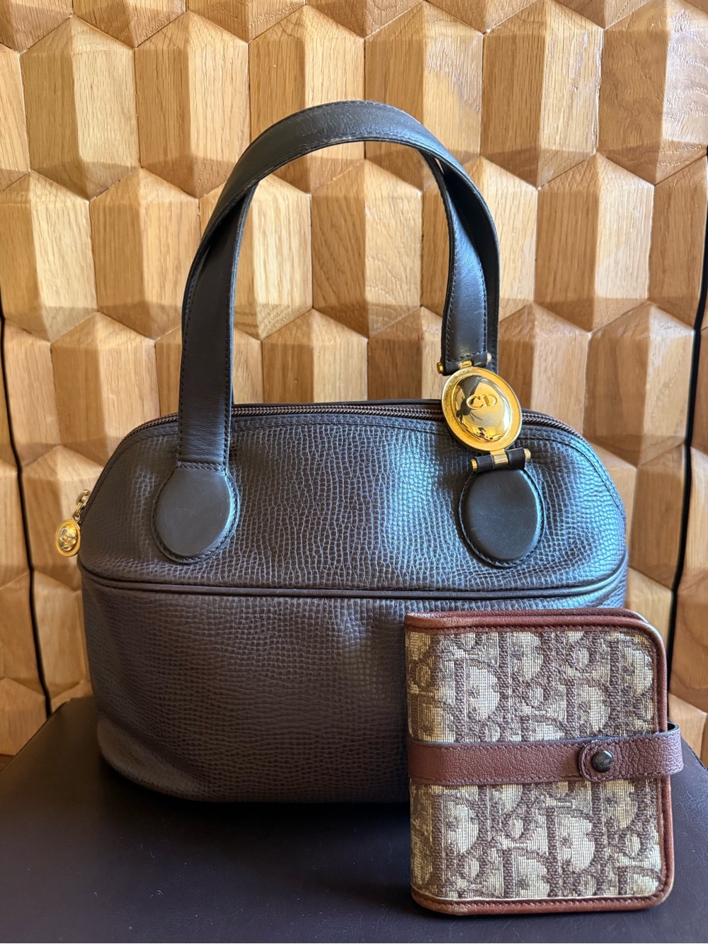 Christian Dior Dark Brown Leather Dome Satchel & Trotter Wallet - BUNDLE